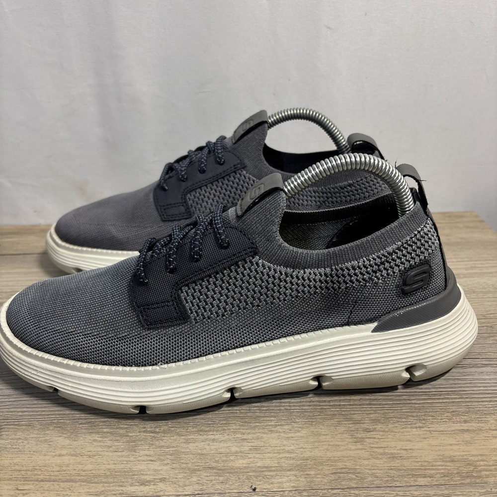 Skechers Men 7.5 Garza Alandis Sneaker Gray Blue‎ Knit Slip On Stretch Lace Shoe - Picture 5 of 15